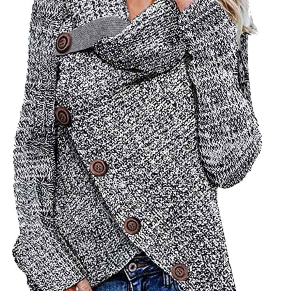 Women's Cowl Neck Sweater Long Sleeve Casual Button Asymmetric Hem